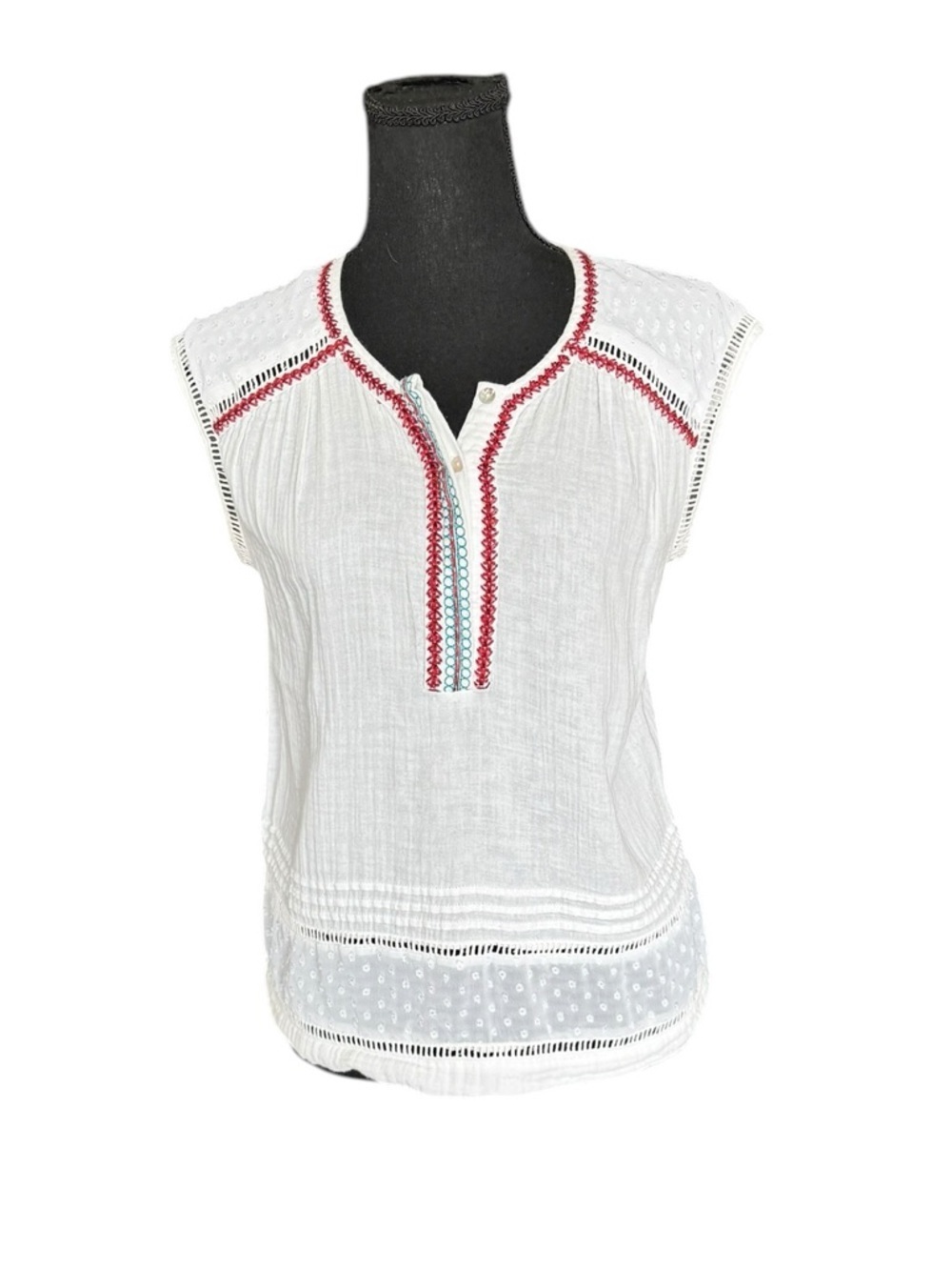 Daniel Rainn Boho Embroidered White Cotton Blouse Petite Small Resortwear CC17